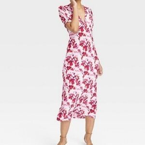 Crepe Short Sleeve Midi Dress - A New Day Red Floral S